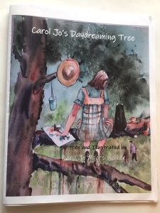 Cover of the book Carol Jo's Daydreaming Tree, written and illustrated by artist Jo Myers-Walker, with watercolor painting of a girl and cat perched on the limb of a tree watching figures below that look small from the height