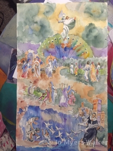 Watercolor sketch of St. Thomas Aquinas gesturing toward scenes from the Easter story by artist Jo Myers-Walker