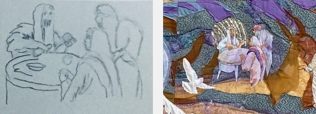 Detail of preliminary sketch and final section of fabric improvisational wall hanging by artist Jo Myers-Walker showing a scene from the story of Easter
