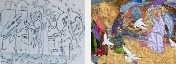 Detail of preliminary sketch and final section of fabric improvisational wall hanging by artist Jo Myers-Walker showing a scene from the story of Easter