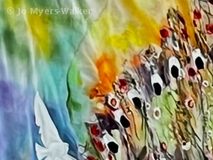 Peacock feather design, detail of a large fabric wall hanging by artist Jo Myers-Walker for St. Thomas Aquinas Church in Ames, Iowa