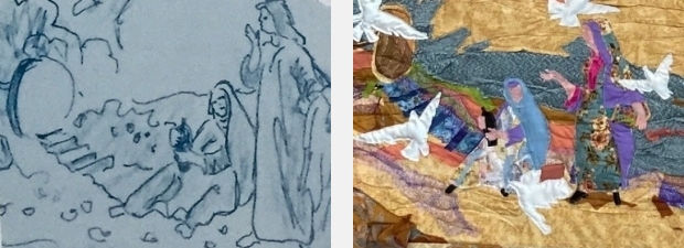 Detail of preliminary sketch and final section of fabric improvisational wall hanging by artist Jo Myers-Walker showing a scene from the story of Easter