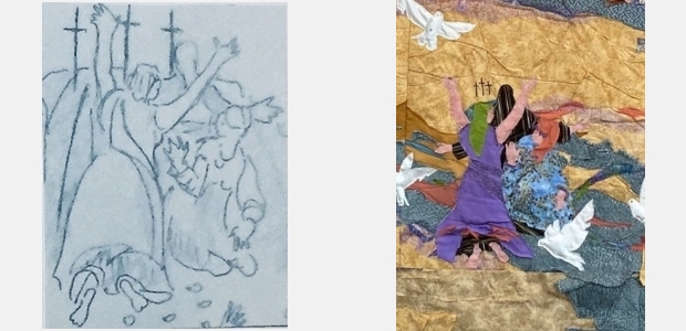 Detail of preliminary sketch and final section of fabric improvisational wall hanging by artist Jo Myers-Walker showing a scene from the story of Easter