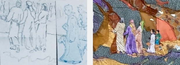 Detail of preliminary sketch and final section of fabric improvisational wall hanging by artist Jo Myers-Walker showing a scene from the story of Easter