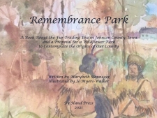 Cover of a booklet for children about Remembrance Park featuring watercolor painting of historic life in Johnson County, Iowa by artist Jo Myers-Walker