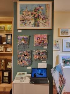 Still-life watercolor painting and some small whimsical fabric artworks by Jo Myers-Walker