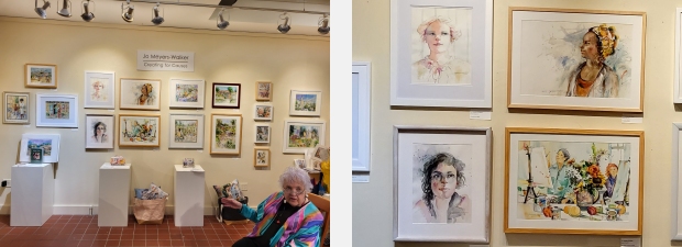 Wall of watercolor artwork by artist Jo Myers-Walker on display at Iowa Artisans Gallery, with a close-up on four paintings of women