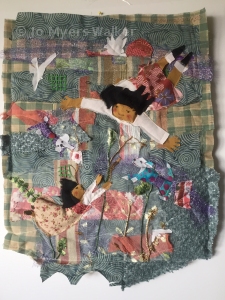 Flying dogs and owners, improvisational fabric wall hanging by artist Jo Myers-Walker