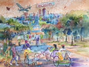 Watercolor painting by artist Jo Myers-Walker with two women bicycling through a Des Moines area park featuring the word "Reclaim" on a banner towed behind a small airplane