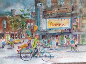 Watercolor painting by artist Jo Myers-Walker of women bicycling through a Des Moines area scene featuring the word "Renew" on a theater marquee
