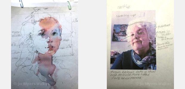 Sketch and partial watercolor painting of a young woman by artist Jo Myers-Walker showing facial proportions, and a selfie of Jo with proportions sketched in to help prepare for a painting