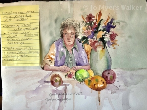 Watercolor painting by Jo Myers-Walker of a woman posing at a table with a vase of flowers and several kinds of fruit