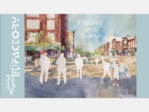 Logo for the class Figures in a Scene at the ArtiFactory in Iowa City featuring a partially completed watercolor painting of a street scene by Jo Myers-Walker with figures of people unfinished