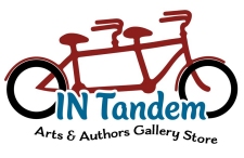 Logo of IN Tandem Arts & Authors Gallery Store in Des Moines, which is now closed; a red tandem bicycle with the name of the gallery in blue
