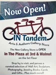 Preview of a poster for IN Tandem Arts & Authors Gallery Store in downtown Des Moines, which is now closed, with the gallery's tandem bicycle logo