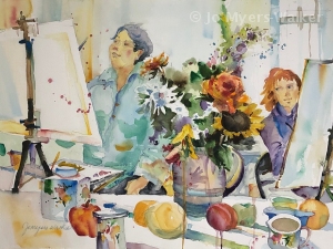 Teachable Moment, watercolor painting of a watercolor class by artist Jo Myers-Walker