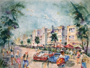 Ocean Drive, watercolor painting of street scene by artist Jo Myers-Walker