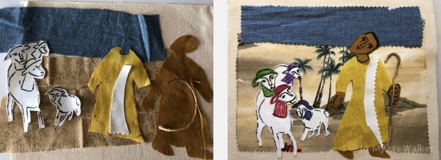 Fabric collage of shepherd and sheep by artist Jo Myers-Walker shown in process and assembled