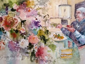 Watercolor painting by artist Jo Myers-Walker; at left, a cascade of blooms; at right, portrait of a man sitting at a table gesturing in conversation with one hand while holding a cell phone in the other
