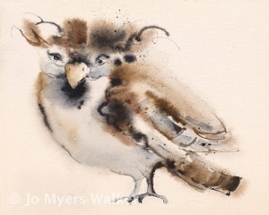 Bob, painting of a grouchy looking whimsical owl-like bird in neutral colors by artist Jo Myers-Walker
