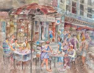 Cafe, watercolor painting of a busy sidewalk cafe with patraons seated at tables in soft colors by artist Jo Myers-Walker