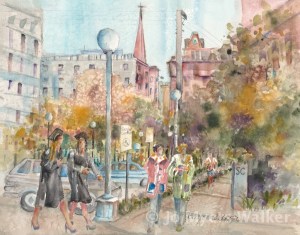 Graduation, watercolor painting in soft colors by artist Jo Myers-Walker of young women in graduation robes walking in a busy Iowa City street scene