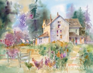 Laundry Day, watercolor painting in soft colors by artist Jo Myers-Walker of a rural house with laundry hanging on a clothesline with chickens in the foreground