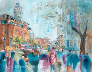 Rainy Day, colorful watercolor painting by artist Jo Myers-Walker of a busy Iowa City street during the rain 