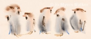 Grouping of whimsical birds in neutral colors standing in a row while looking in various directions, by artist Jo Myers-Walker