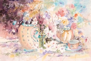 Teatime Flowers, floral watercolor painting of a tabletop display in soft pastel colors by artist Jo Myers-Walker