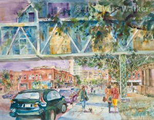 Walkover, watercolor painting by artist Jo Myers-Walker of a well-known colorful walkway over a street in Iowa City