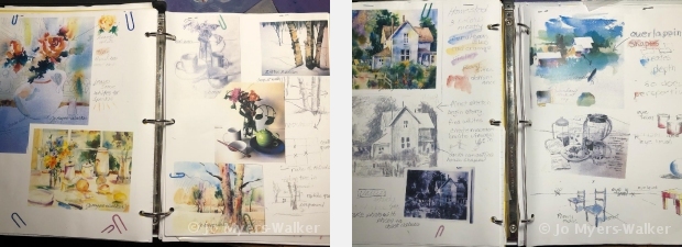 Pages from a workbook by artist Jo Myers-Walker showing samples of watercolor techniques with floral and landscape subjects